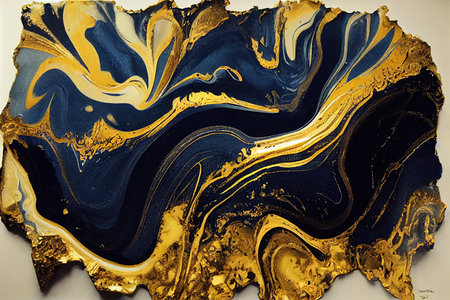 High resolution. Luxury abstract fluid art painting in alcohol ink technique, mixture of dark blue, gray and gold paints. Imitation of marble stone cut, glowing golden veins. Tender and dreamy design.の素材