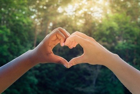 Black and white hands in heart shape, interracial friendshipの写真素材