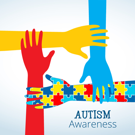 Autism awareness concept with hand of puzzle pieces as symbol of autism.のイラスト素材