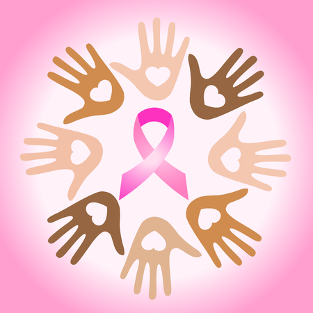 Diverse hands joining for breast cancer awarenessのイラスト素材