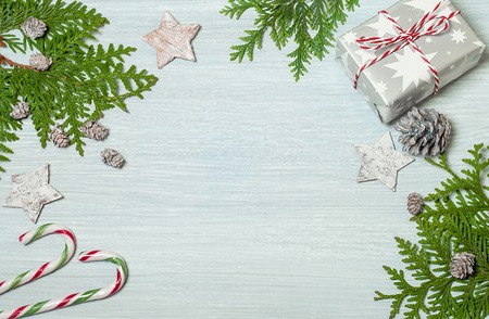 Christmas frame with decorations. Flat lay, top viewの写真素材