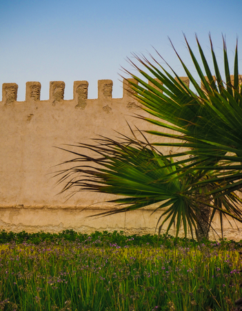The fortress walls surround the old medina of Essaouira, Moroccoの写真素材