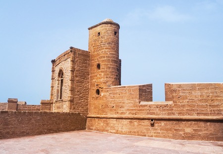 The fortress walls surround the old medina of Essaouira, Moroccoのeditorial素材
