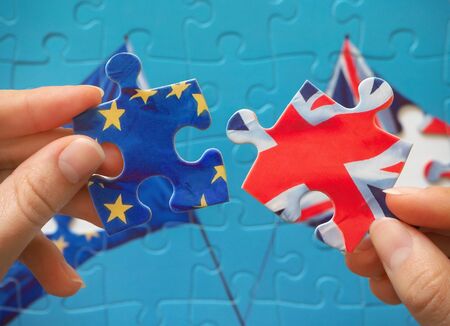 Puzzle with Great Britain and European Union flags. Brexit concept