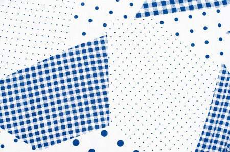 Square check tablecloth pattern with small and big polka dots. Blue and white asymmetric square and...