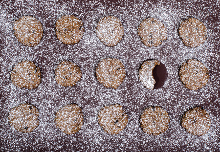 Home made cookies on a brown cookie sheet. Fresh baked cookies on the tray with half a cookie bitten. Half ate cookie.の写真素材
