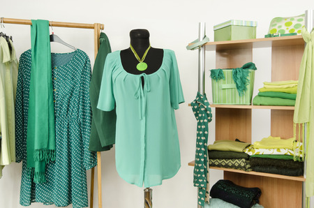 Dressing closet with green clothes arranged on hangers and shelf, outfit on a mannequin. Wardrobe full of all shades of green clothes and accessories.の写真素材