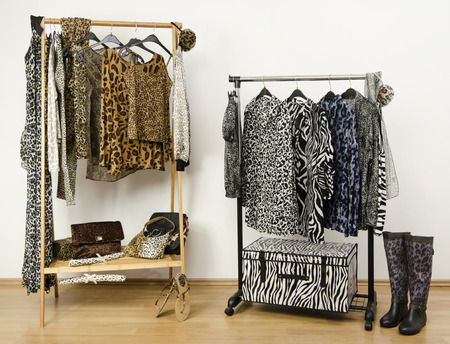 Dressing closet with animal print clothes arranged on hangers and accessories. Wardrobe with clothes on brown tones and black and white jungle pattern.の写真素材