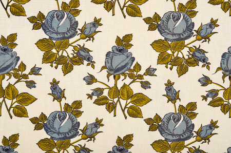 Floral pattern on white fabric. Big blue rose flowers print as background.の写真素材