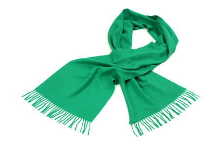 Green scarf with fringe for winter. Green scarf isolated on white background.の写真素材