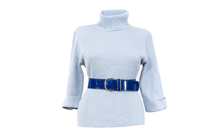 Blue and silver turtle neck blouse with a matching belt isolated on white background. Winter blue sparkly woman sweater blouse cut out on white.の写真素材