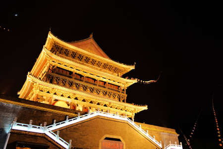 night scene of drum-tower in xi`anの写真素材