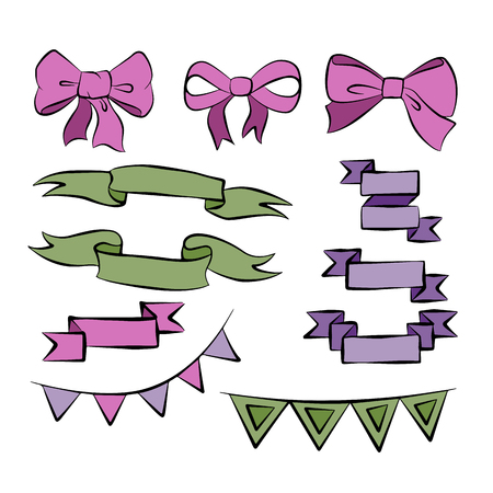 Ribbon bow banner hand drawn color setのイラスト素材