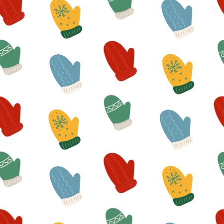 Colorful funny Christmass pattern with cute mitten in kids styleのイラスト素材