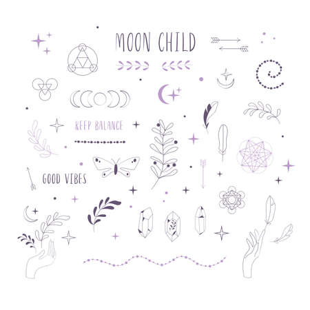 Boho Witch and Magic Collection with hand, crystal and symbolsのイラスト素材