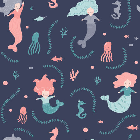Funny little Mermaid with octopus. Seamless pattern for textileのイラスト素材