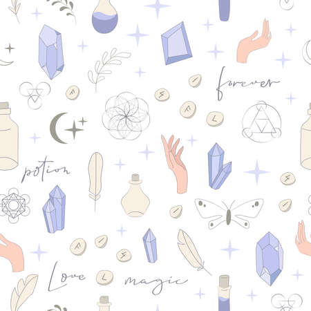 Boho Witch and Magic pattern with hand, crystal and symbolsのイラスト素材