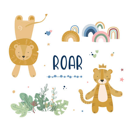 Cartoon cute animals baby card with lion and tigerのイラスト素材