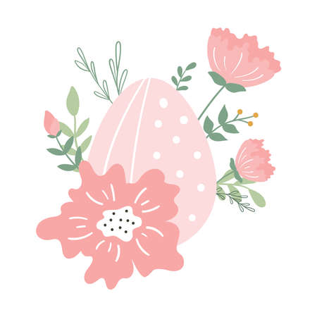 Cartoon cute easter egg with flower and leaves for cardのイラスト素材