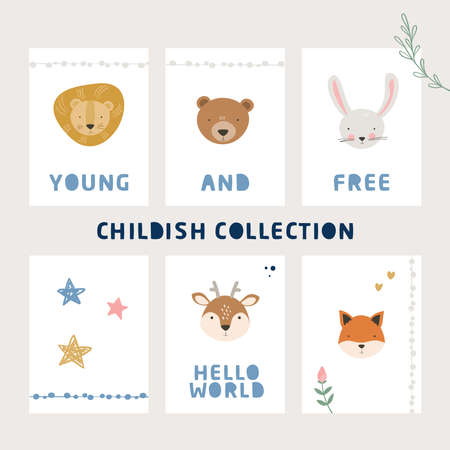 Cartoon cute animals baby card collection with textのイラスト素材