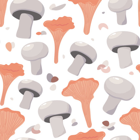 cute different mushrooms with Chanterelle. seamless patternのイラスト素材