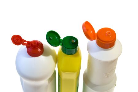 three open plastic bottles isolated on white backgroundの写真素材