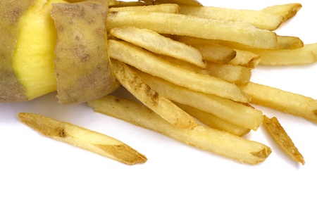 Peeled potato and french fries concept isolated on whiteの写真素材