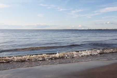 View of the surf and yachts in the Gulf of Tallinnの写真素材