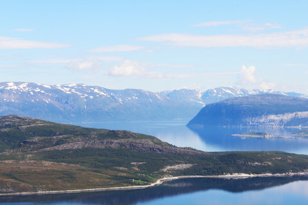 Scenic panorama of fjord on in northern Norway on sunny summer dayの写真素材