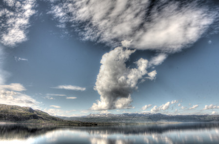 Scenic panorama of fjord and mountains in northern Norwayの写真素材