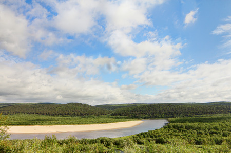 Panoramic view on landscape with river and forest