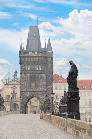 Charles Bridge (Karluv Most) and Lesser Town Tower, Prague, Czech Republicの写真素材
