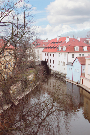 Water Mill on Vltava river in Prague, Czech Republicの写真素材