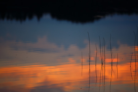 Beautiful reflection of sunset sky in water of calm lakeの写真素材
