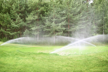 Sprinklers of automatic watering at golf course close upの写真素材