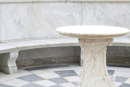 Marble table and bench in Tsaritsyn Pavilion, Peterhof, Russia