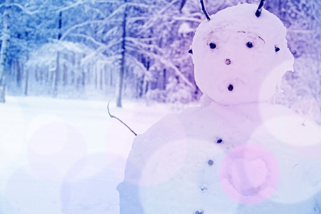 Funny snowman in beautiful womter park close upの写真素材