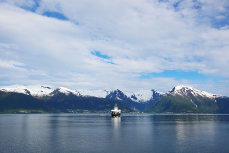 Ferry over fjord in Norway, Sognefjord, ferry route from Vangsnes to Hella and Dragsvikの写真素材