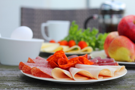 Healthy breakfast with sandwiches and coffee in french press, scandinavian styleの写真素材