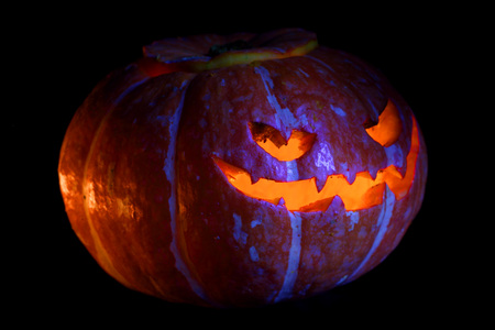 Illuminated cute halloween pumpkin isolated on black backgroundの写真素材