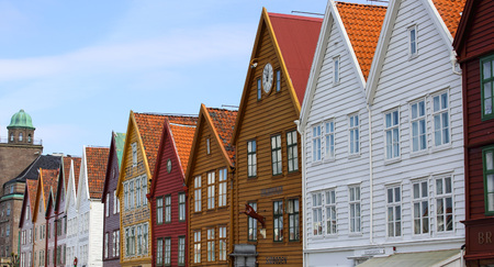 Bergen, Norway. View of historical buildings in Bryggen- Hanseatic wharf in Bergen, Norway.の写真素材