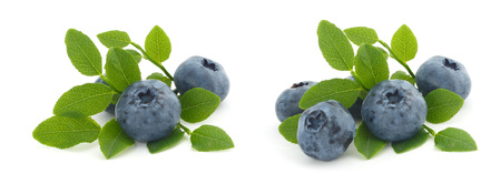 Set of piles of blueberry berries with leaves isolated on white backgroundの写真素材