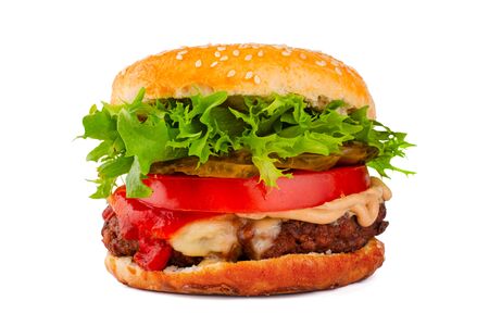 One big tall classic hamburger burger cheeseburger isolated on white backgroundの写真素材