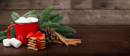 Cocoa hot chocolate in red mug with marshmallows candy cane gingerbread cookies fir tree branches...