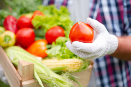 Farmer holds freshly picked tomato, box of harvest vegetable on backgroundの写真素材