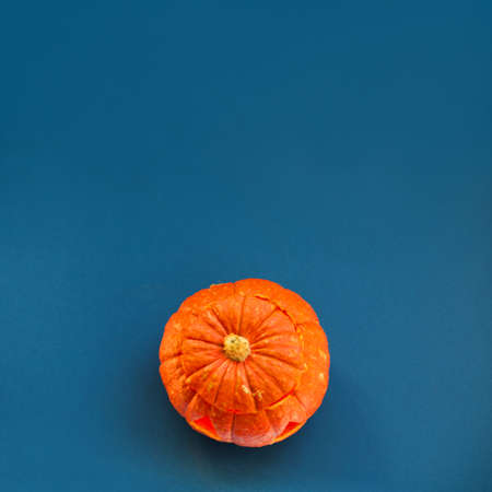 Halloween pumpkin on blue background unusual composition background with copy space for textの写真素材