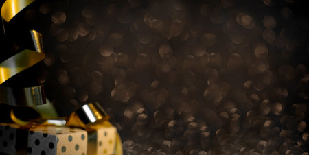 Golden curly ribbon and gift on black glitter background black friday design backgroundの写真素材