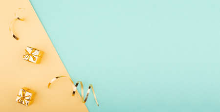 Conceptual minimalistic blue mint golden christmas new year background with copy space for text content design templateの写真素材