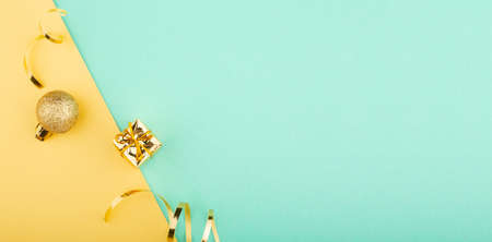 Conceptual minimalistic blue mint golden christmas new year background with copy space for text content design templateの写真素材