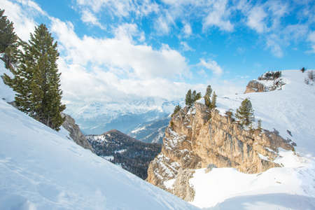 Dolomites Dolomiti Italy in wintertime beautiful alps winter mountains and ski slope Cortina d'Ampezzo Col Gallina mountain peaks famous landscape skiing resort areaの写真素材